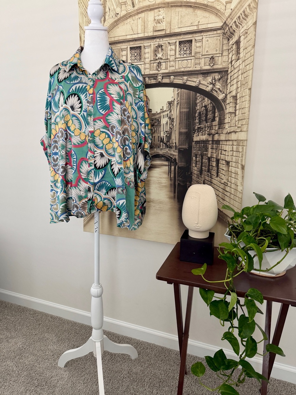 ee:some Oversized Geometric Print Short Sleeve Button Down Blouse Size S